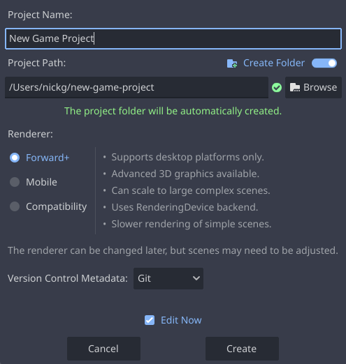 Create project dialog window