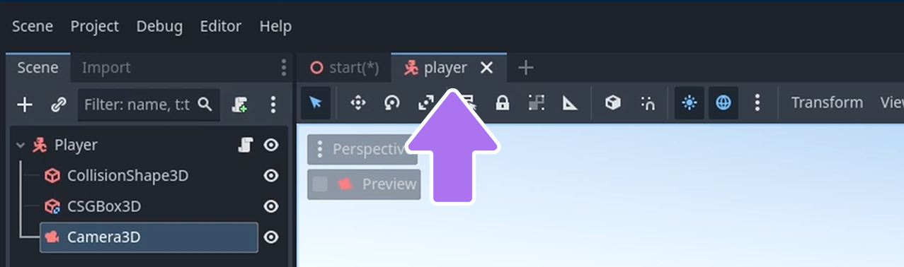 Scene tabs showing the player scene and the test level scene